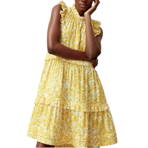 Me + Em Yellow Bold Paisley Floral Cheesecloth Frill Swing Dress Size 6 - Picture 1 of 11